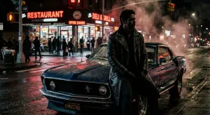 Мужчина у винтажного Ford Mustang ночью