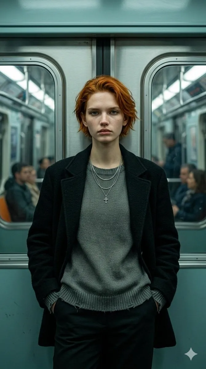 Девушка в вагоне метро, фэшн-портрет - пример генерации №2